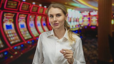 Kumarhanedeki bir kadın kumar makinelerinin yanında küçük beden jestler yapıyor, beyaz bir bluz giyiyor, canlı ışıklar ve heyecanla dolu canlı bir oyun ortamı sergiliyor..