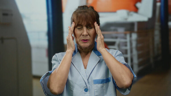 Hispanic senior woman cleaner appearing stressed while on a cruise ship deck, wearing a uniform and standing amidst sunny outdoor maritime surroundings.