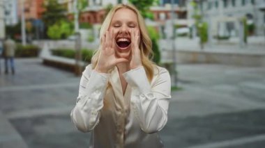 Kalabalık bir şehir caddesinde neşeli bir şekilde bağıran, beyaz bir gömlek giyen, sarı saçlı, canlı ve canlı bir şehir manzarası çeken bir kadın..