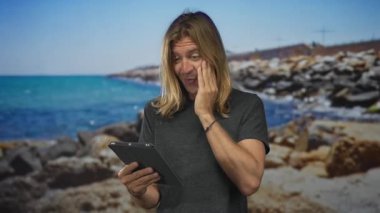 Uzun saçlı sarışın adam kumlu sahil sahilinde tablet tıklatıyor içeriğe ve ekrana bakıyor..