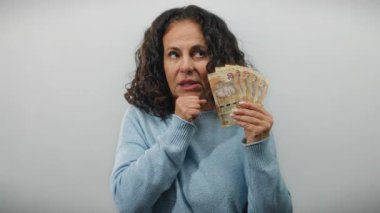 Güney Afrika Rand 'i elinde tutan orta yaşlı bir kadın soyutlanmış beyaz bir geçmişe karşı düşünceli bir ifadeyle.