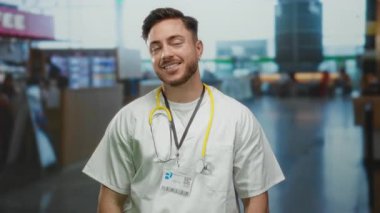 Havaalanı terminalinde steteskopla gülümseyen beyaz erkek doktor yoğun bir seyahat ortamında profesyonel ve ulaşılabilir bir tavır sergiliyor..