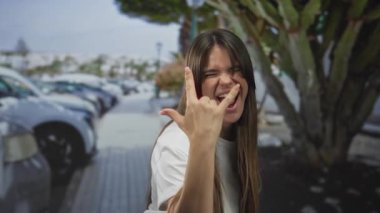 Latin kökenli genç bir kadın taştan bir jest yapıyor ve arka planda arabalar ve ağaçlarla dolu bir caddede gülümsüyor, neşe ve enerji saçıyor..