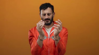Turuncu kıyafetli, turuncu arka planda kelepçeli İspanyol adam hapsi temsil ediyor gibi görünüyor..