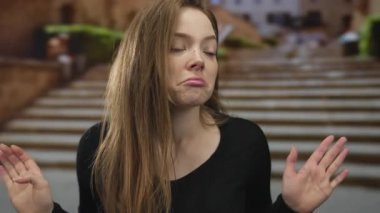 Beyaz bir kadın, sokak merdivenlerinde siyah kazak giyerek göğsünü işaret ediyor. Kendinden şüphe duyuyor..