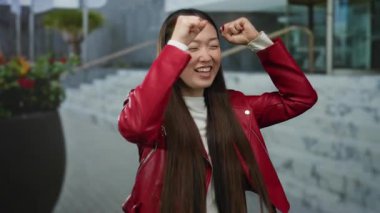 Kadın şehir merkezindeki açık havada yumruklarını kaldırarak kutlama yapıyor kırmızı ceket giyiyor ve modern mimarinin arka planına neşeyle gülümsüyor..