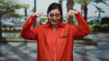 Turuncu hapishane tulumlu kadın sokakta dikilip arka planda palmiye ağaçları olan kendine güvenini gösteriyor..