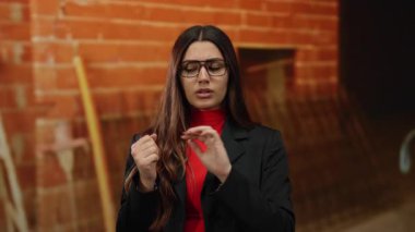 İç mekan inşaatında gözlüklü genç İspanyol kadın profesyonel siyah ceket giymiş kırmızı tuğla bir duvarın önünde tutkuyla konuşuyor..