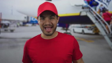 Dışarıdaki yoğun havaalanı terminalinde kırmızı başlık ve kırmızı gömleğin altında sırıtan teslimatçı; heyecan.