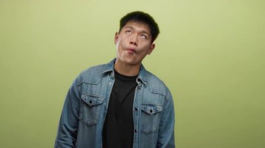 Kot gömlekli genç Asyalı adam, sarı duvara karşı komik bir ağız hareketi yapıyor, oyunculuk ve tarz sergiliyor..
