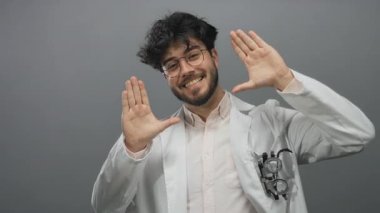 Young hispanic man with beard in glasses smiles and gestures in a white coat against a gray background displaying confidence and friendliness.
