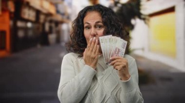 Kalabalık bir şehir caddesinde elinde Tayvan banknotları tutan bir kadın, şehir merkezinde bir alım satım işine girerken şaşkınlığını ve zevkini dile getiriyor..