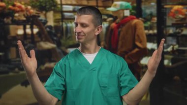 Yeşil üniformalı bir adam perakende giyim mağazasında jest yapıyor. Mankenlerle dolu canlı bir alışveriş ortamı ve arka planda loş bir ışık sergiliyor..