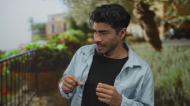 Bina cephesinde yeşil balkon korkulukları tarafından dur işareti olarak öne eğilen adam iki elini kaldırıyor; dikkat.