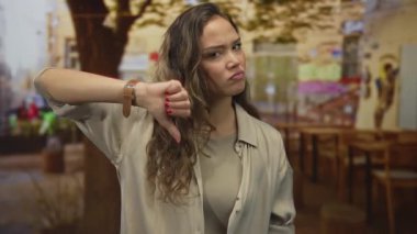 İspanyol genç kadın somurtuyor ve açık hava restoran terasında ahşap masalarla baş parmağını tutuyor; hoşnutsuzluk.