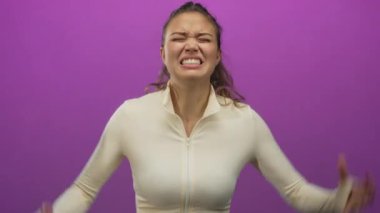 İzole edilmiş pembe bir arka plan önünde hayal kırıklığını ifade eden İspanyol kadın yumruklarını gözleri kapalı sıkıyor, üst kısmı hafif fermuarlı, güçlü bir duygu iletiyor..