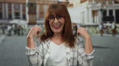 İspanyol kıdemli kadın, Aziz Peter Meydanı, Vatikan 'da el kol hareketi yaparken sevinçle gülümsüyor, tarihi mimariyle canlı bir açık hava atmosferi yakalıyor..