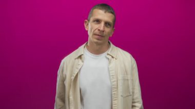 Canlı pembe bir arkaplan karşısında beyaz gömlek ve ceket giyen bir adam, stüdyoda neşeli bir ruh hali içinde hareket ediyor..