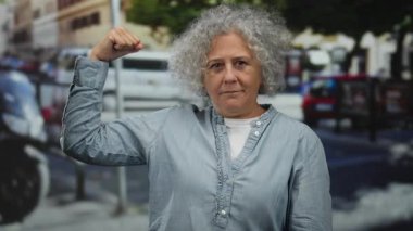 Bir kadın, güneşli bir günde, şehir caddesinde durmuş, kollarını esnetiyor, kendine güveni tam, etrafını arabalar ve binalar sarmış..