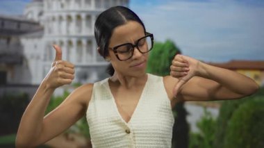 İkonik sidik kulesinin önünde karışık duygular ifade eden genç bir kadın İtalya 'da açık havada bir yansıma anı yakalıyor..