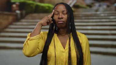 Şehir basamaklarında duran, etkileyici jestlerle poz veren, canlı sarı bir kıyafet giyen, modern şehir ortamında kendine güveni ve tarzını somutlaştıran bir kadın..