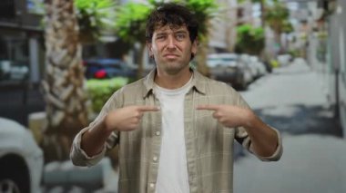 Sokak ortasında İspanyol bir adam şüpheli bir ifadeyle park etmiş arabaların ve palmiye ağaçlarının arasında kendini işaret ediyor..