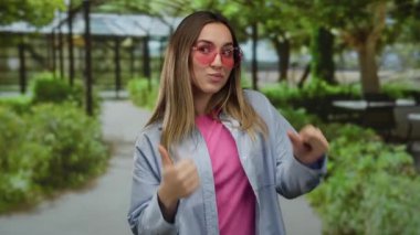 Parkta pembe güneş gözlüğü takan ve gülümseyen, yeşilliklerle çevrili, ağaçlar ve patikalarla dolu neşeli bir açık hava sahnesi gösteren bir kadın..