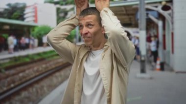 Tavşan kulaklı bir adam açık hava istasyonunda tren yolu ve bulanık arka plandaki kalabalıkla halka açık alanda neşeli bir anı yakalıyor..