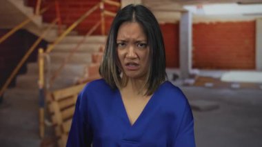 Bitmemiş duvarları, ahşap paletleri, yapı iskelesi olan ve kapalı bir yerde mavi bluz giyen bir kadın hayal kırıklığını ifade ediyor..