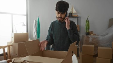 Genç adam yeni evindeki kutuları açarken telefonla konuşuyor. Etrafı taşınan kutular ve doğal ışıklarla çevrili. Geçiş ve modern yaşam hissini aktarıyor..