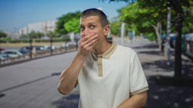 Bir adam sokakta, ağzını düşünceli bir ifadeyle kapatıyor. Güneşli ağaçların altında günlük beyaz bir polo tişört giyiyor.
