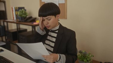 Ofiste elinde kağıt tutan kadın, modern iş ortamında iş baskısına işaret eden bilgisayarla masada oturan siyah ceketli stresli görünüyor..