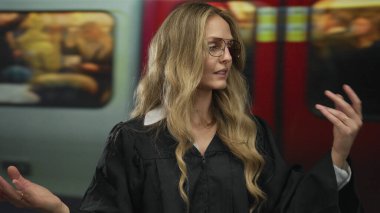 Tren istasyonunda el kol hareketi yapan kadın elleri kapalı alanda bulanık demiryolu ile karşılaşan sarışın yargıç üniformasını nakleder..