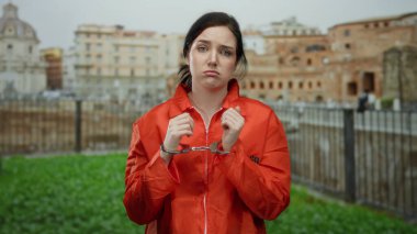 Turuncu hapishane tulumlu kadın kelepçeli. Roma harabelerinde dikiliyor. Açık havada düşünceli görünüyor..