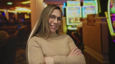 Canlı, kapalı bir kumarhanede renkli kumar makinelerinin önünde güvenle gülümseyen bir kadın..