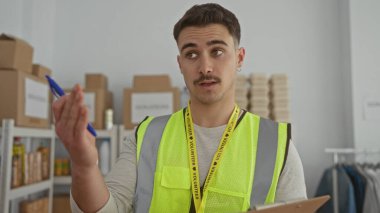 Yansıtıcı yelek giyen genç İspanyol adam, organize raflar ve kutular arasında bir pano tutarken el kol hareketi yaparak bir iç bağış merkezinde gönüllü oluyor..