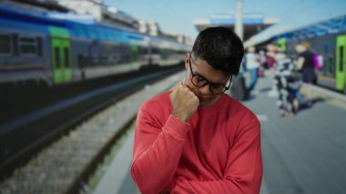 Kırmızı kazaklı genç adam hareketli bir tren istasyonunda düşünceli görünüyor. Şehir içi banliyö seansının arka planında bulanık bir aktivite olduğunu gösteriyor..