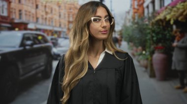 Yargıç cübbesi giyen kadın sokakta duruyor; otorite adaleti..