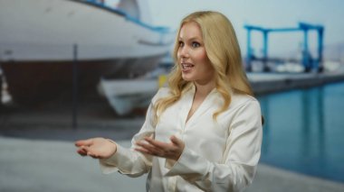 Güneşli bir günde arka planda gemiler ve tekneler olan beyaz gömlekli bir kadın..