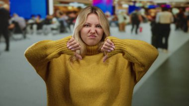 Havalimanı terminalinde sıcak süveter giyen bir kadın..