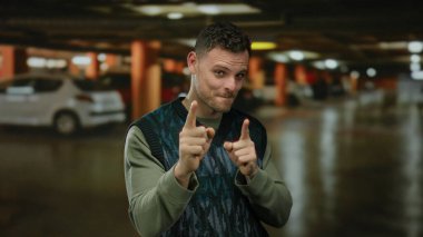 Genç adam gülümsüyor ve arka planda arabalar olan kapalı bir otoparkta işaret ediyor..