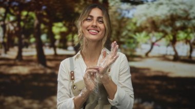 Önlüklü kadın parkta gülümserken plastik eldiveni ayarlar; hijyen hazırlık güvenlik bakımı.