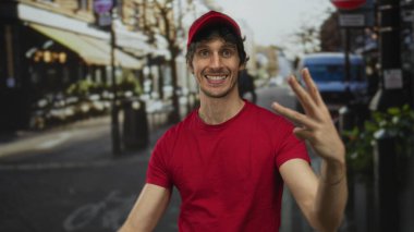 Kırmızı şapkalı ve tişörtlü adam gülümsüyor ve güneşli bir öğleden sonra işlek caddede başparmağıyla işaret ediyor; merak.