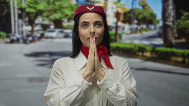 Hostes üniformalı genç İspanyol kadın güneşli bir sokakta dua ediyor, gözleri kapalı, şehir ortamında dinginlik ve farkındalığı somutlaştırıyor.