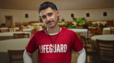 Kırmızı tişörtlü genç İspanyol cankurtaran bir restoranda rahat ve rahat bir atmosferi içeri taşır..