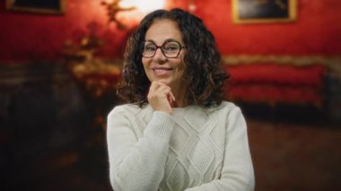 Lüks bir otel resepsiyonunda gülümseyen, gözlüklü ve süveterli, canlı kırmızı bir arka planı olan, kıvırcık saçlı, olgun, zarif, İspanyol asıllı ve kendinden emin bir kadın..