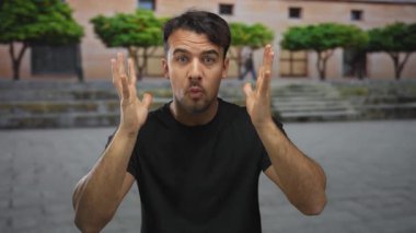 Genç İspanyol adam, ağaçlarla ve binalarla dolu bulanık şehir arkaplanının önünde tutkuyla el kol hareketi yaparak kameraya konuşurken anlamlı ama hüsran dolu bir bakış yaratıyor..