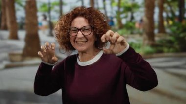 Kadın, arka planda ağaçlarla güneşli bir parkta neşe içinde poz veriyor, gözlük takıyor, bordo bir kazak giyiyor, dışarıda neşe ve mutluluğu ifade ediyor..