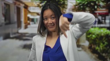 Beyaz ceketli ve mavi gömlekli genç bir kadın gündüz vakti başparmağıyla şehir sokaklarında aşağı doğru hareket ediyor..