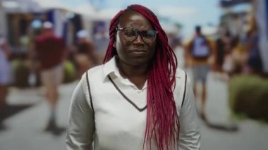 Pazar caddesinde neşeli bir şekilde gülen bir kadın. Etrafı güneşli şehir gününde insanlarla çevrili. Canlı bir atmosfer var..